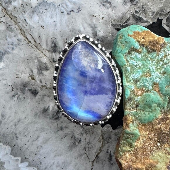 Sterling Southwestern Style Teardrop Purple Rainbow Moonstone Ring S 8 For Women - Picture 6 of 10